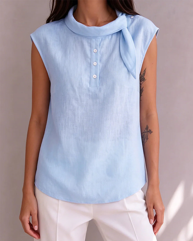 Blouse Nœud Bouton Sans Manches