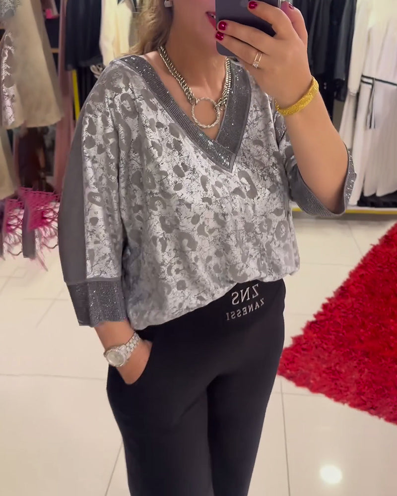 Blouse décontractée imprimée à col en V