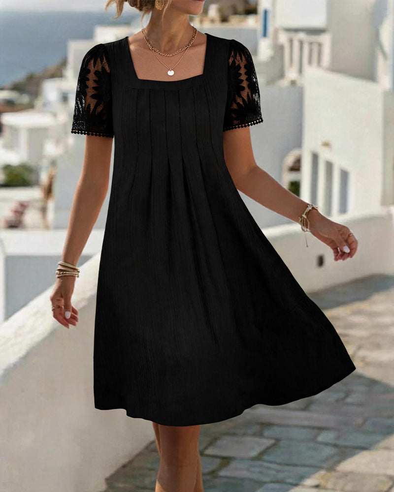 Robe Col Carré Unie Dentelle Patchwork Taille Haute