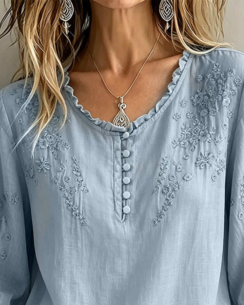 Blouse Broderie Manche 3/4 Unie