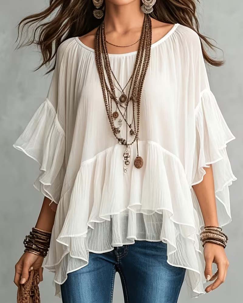 Blouse Col Rond Double Couche Volant Manche Irrégulière