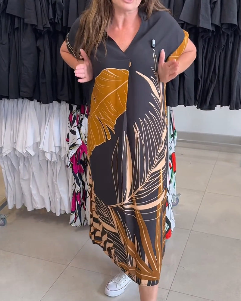 Robe Col V Grand Imprimé Feuille Ample