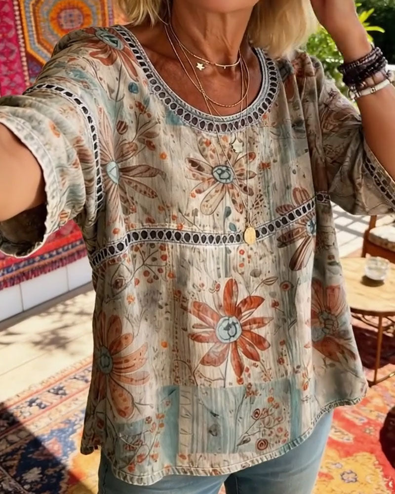 Haut Découpé Col Rond Imprimé