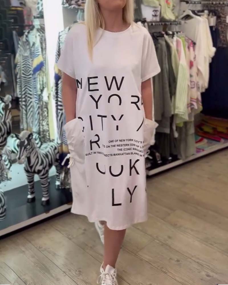 Robe Loose Manches Courtes Imprimée Grande Poche