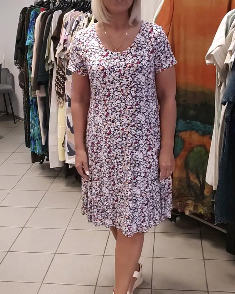 Robe Col Rond Imprimé Fleuri Manches Courtes
