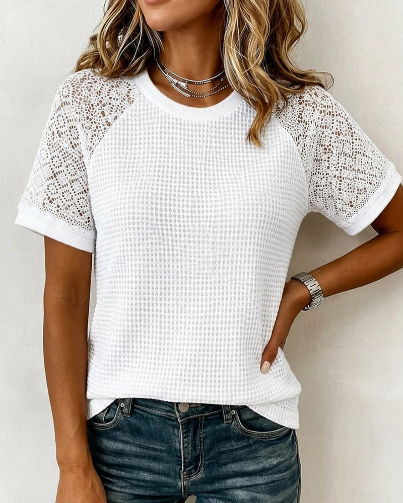 T-Shirts Col Rond Gaufrette Dentelle Patchwork