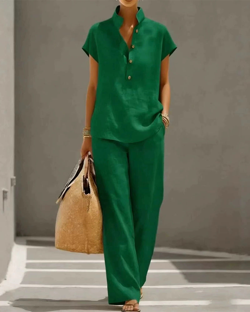 Ensemble Col Montant Bouton Manches Courtes Et Pantalon Long