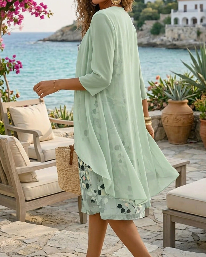 Ensemble Encre Feuille Verte Robe Sans Manches Cache