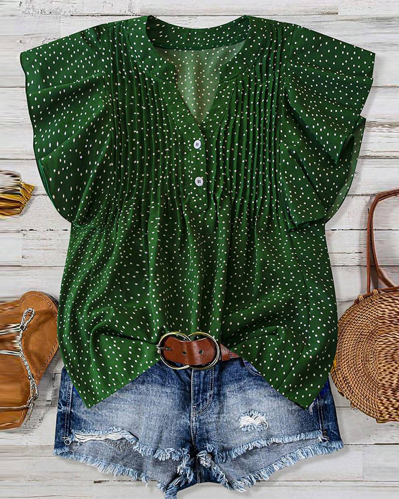Blouse Manches Volants Col V Pois