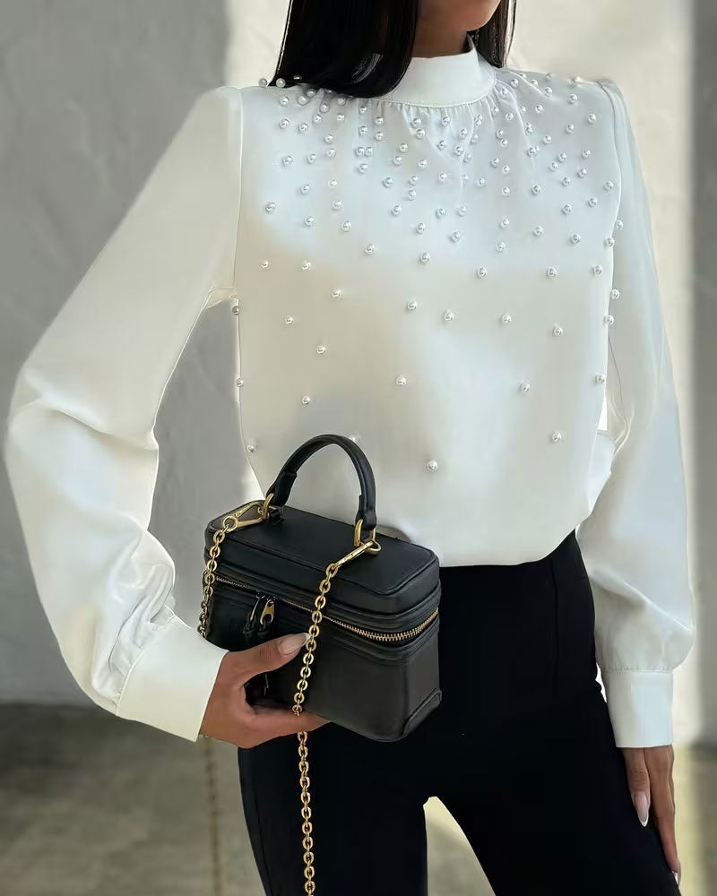 Blouse Col Montant Perle Perlé Manches Longues