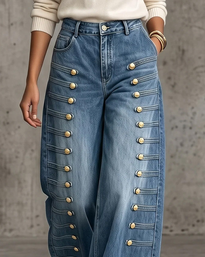 Pantalon Bouton Poche Coupe Large Denim Long