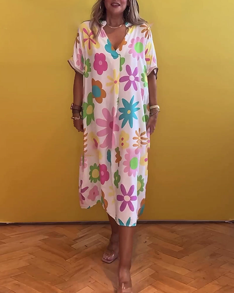 Robe ample col V imprimé fleuri