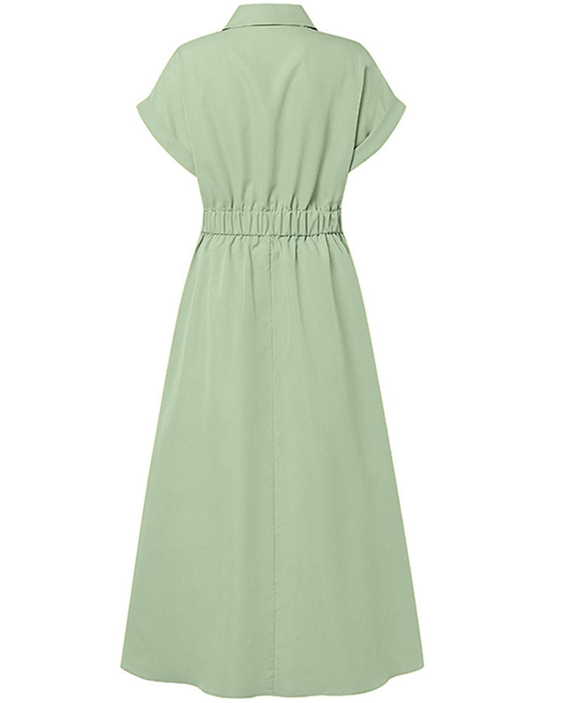 Robe A-Ligne Attache Taille Haute Bouton