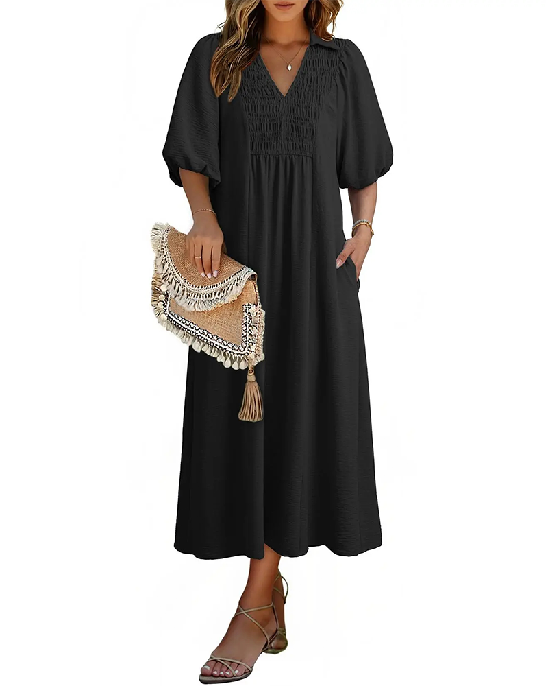 Robe Col V Rabat Manche Bouffante Maxi