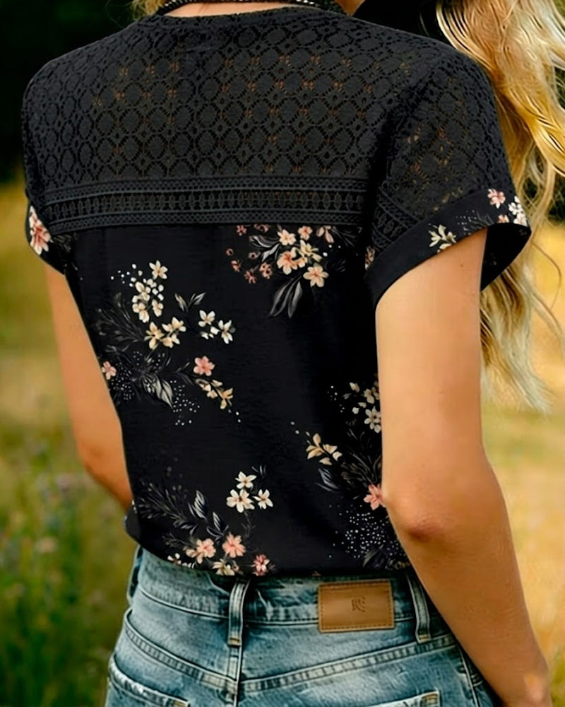 T-Shirt Découpé Patchwork Manches Courtes