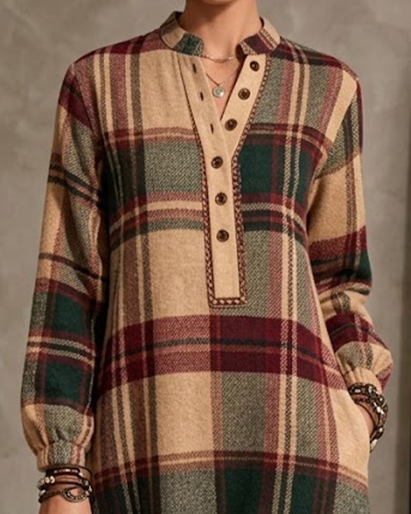 Robe Col En V Boutonné Écossais Fente