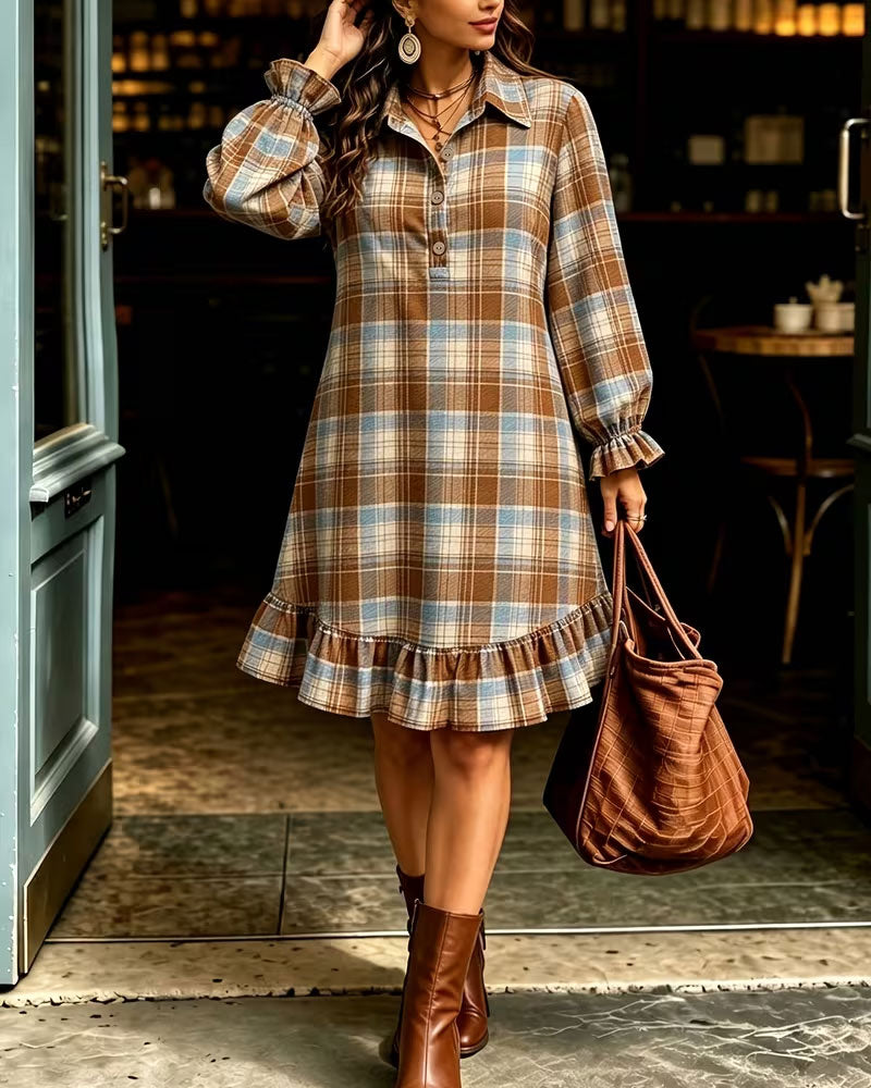 Robe Revers Bouton À Carreaux