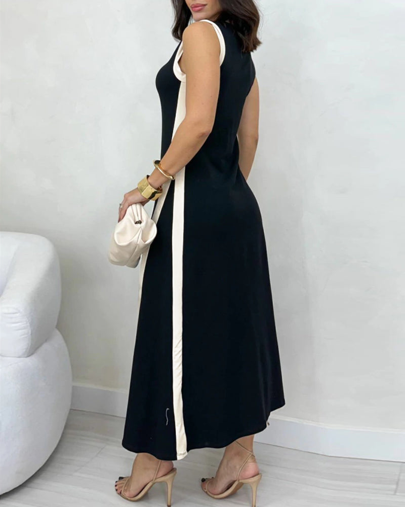 Robe À Bloc De Couleur Sans Manches Fendue Maxi