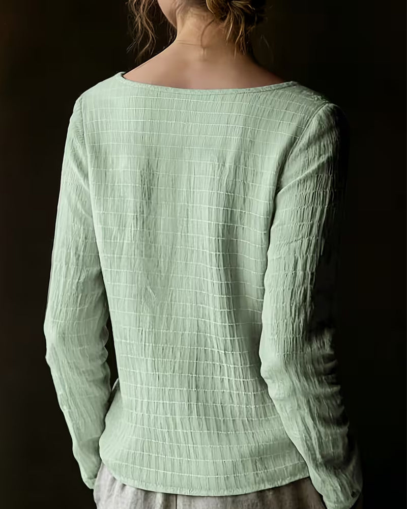 Blouse Col Rond Froncé Dentelle Panneau Unie