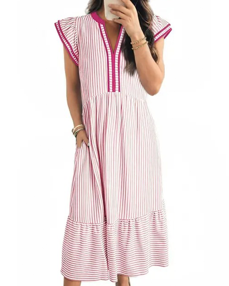 Robe Rayée Double Volant Manches Courtes