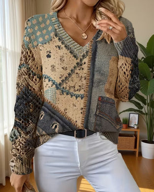 Pullover Col En V Bloc De Couleur Évidé Lâche