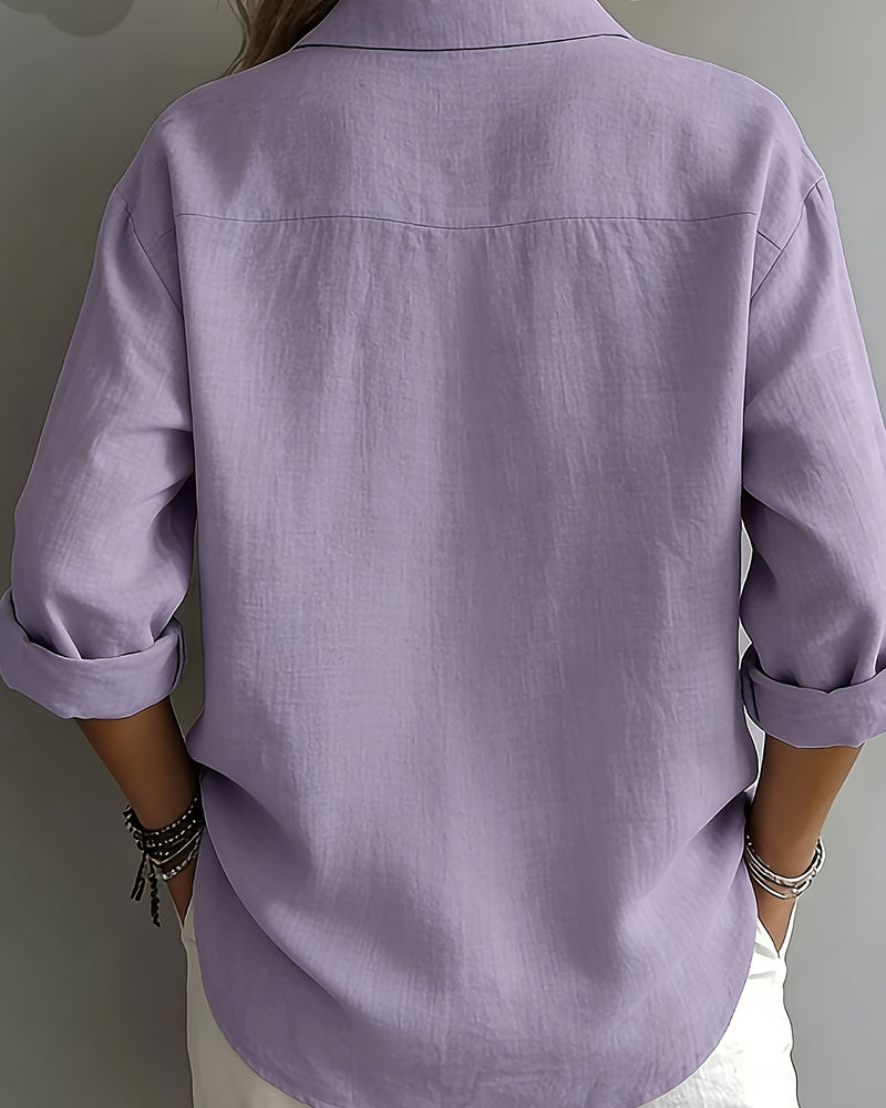 Blouse Unie Col Patte Demi-Patron Manches Longues