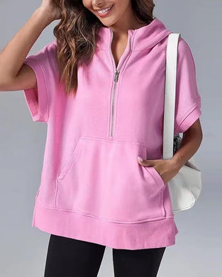 Sweat-Shirt Manches Courtes Fermeture Éclair Partielle Capuche