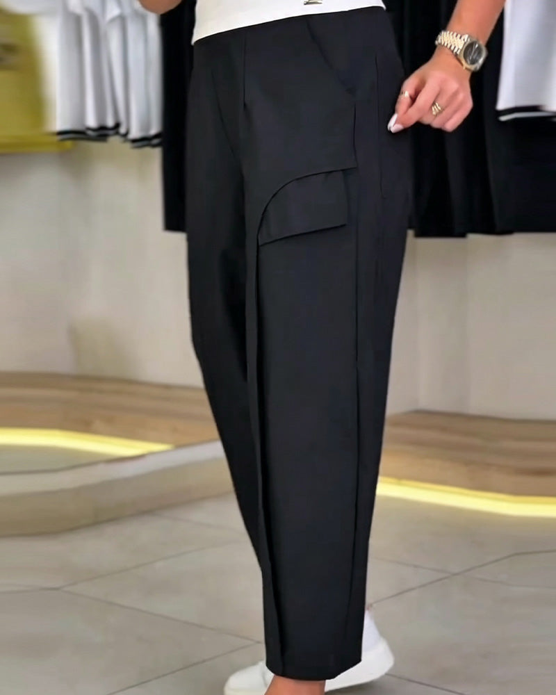 Pantalon Unie Poche Raccourci Décontracté