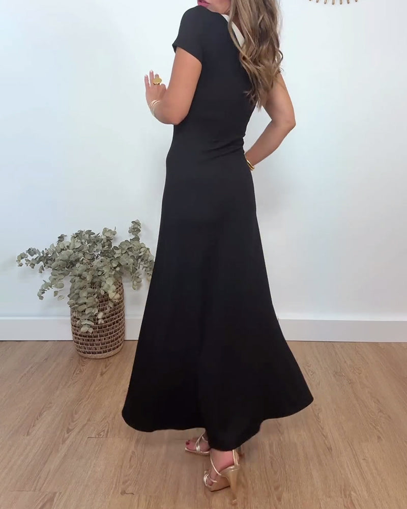 Robe élégante fendue à col en V et imprimé contrasté