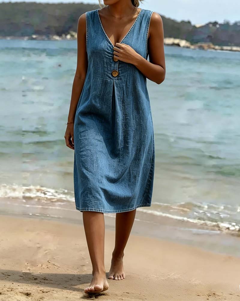Robe En Denim Col V Sans Manches