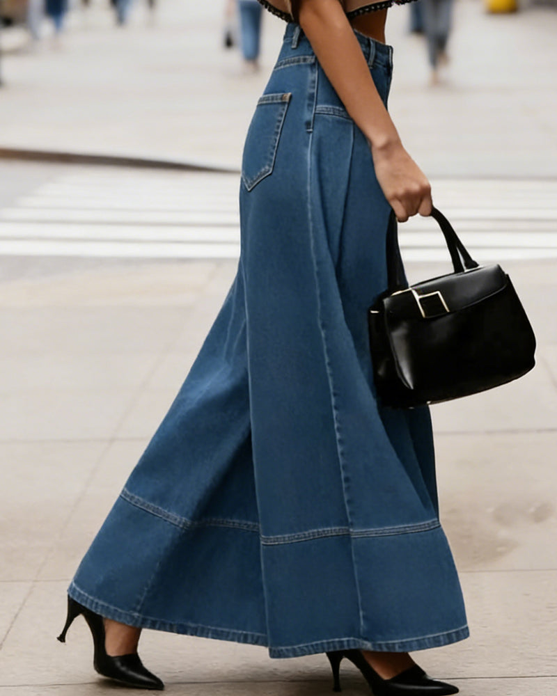 Pantalon En Denim Taille Haute Jambe Large