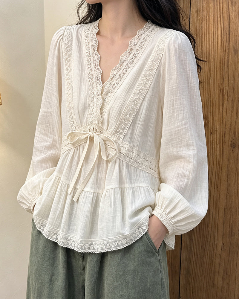 Blouse Col V Manche Ballon Dentelle Patchwork Évasée