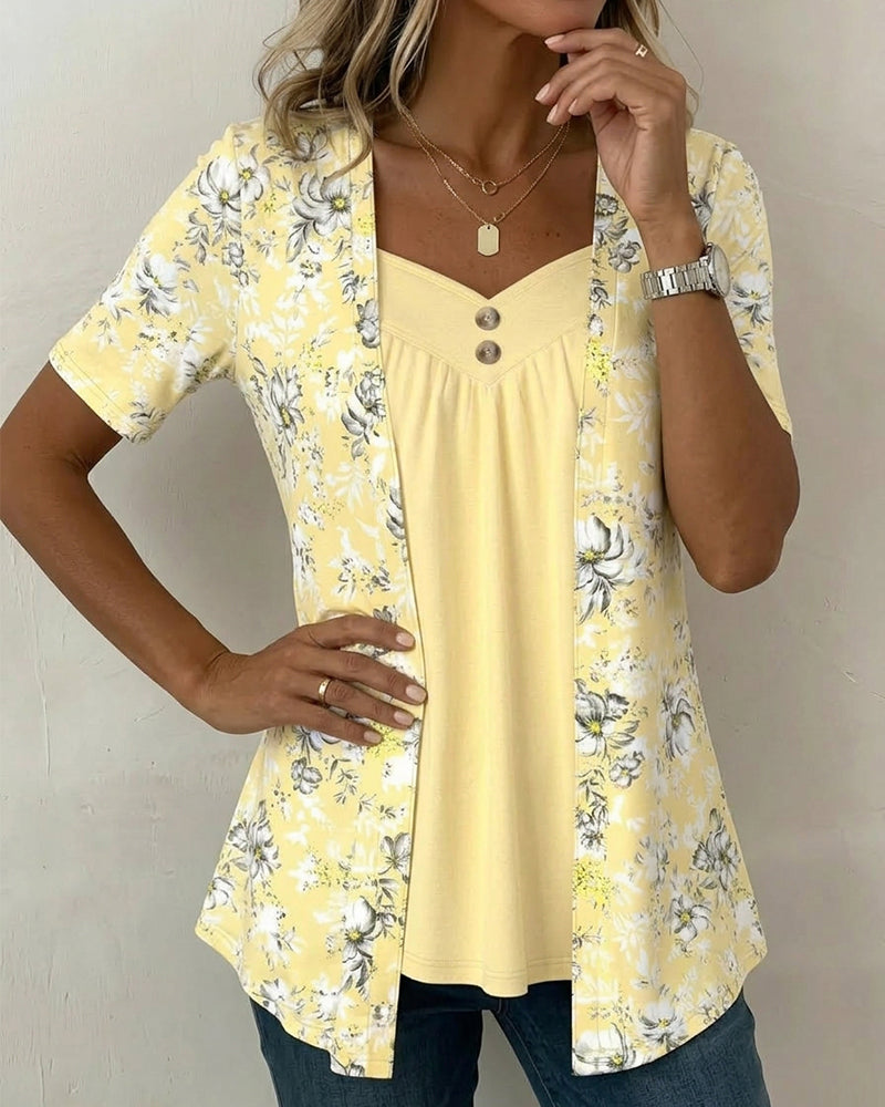 T-Shirt Imprimé Floral Fausse Deux Pièces