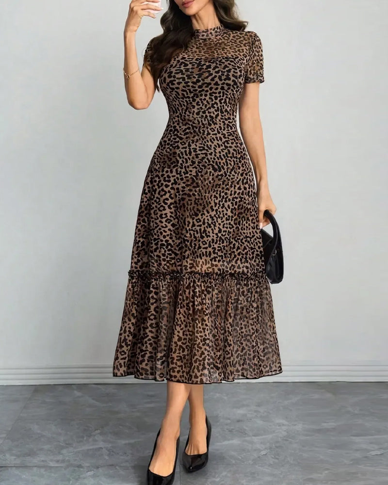 Robe Léopard Col Mock Mesh Midi