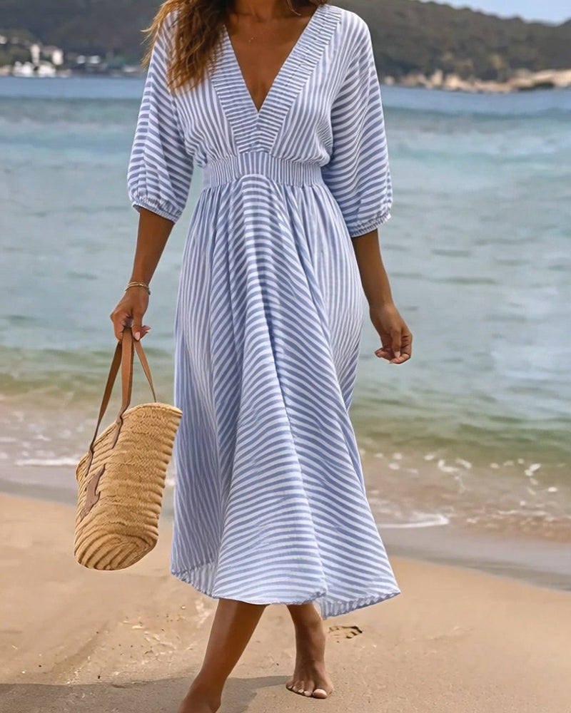 Robe Coupe A Rayée Manches Mi-Longues