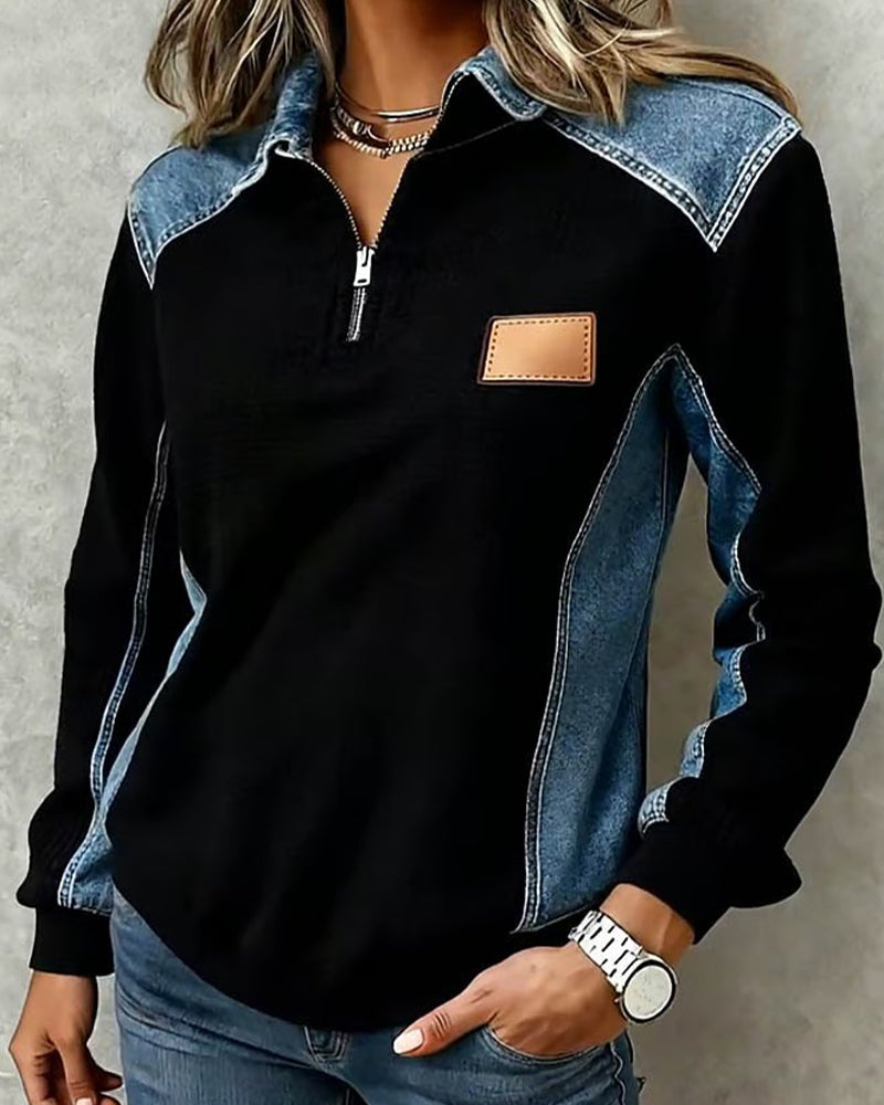 Haut Fermeture Éclair Denim Patchwork Revers
