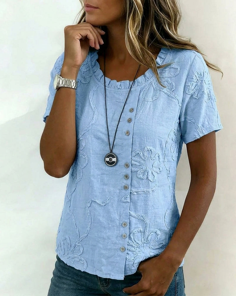 Blouse Texturée Fleurie Bouton Latéral