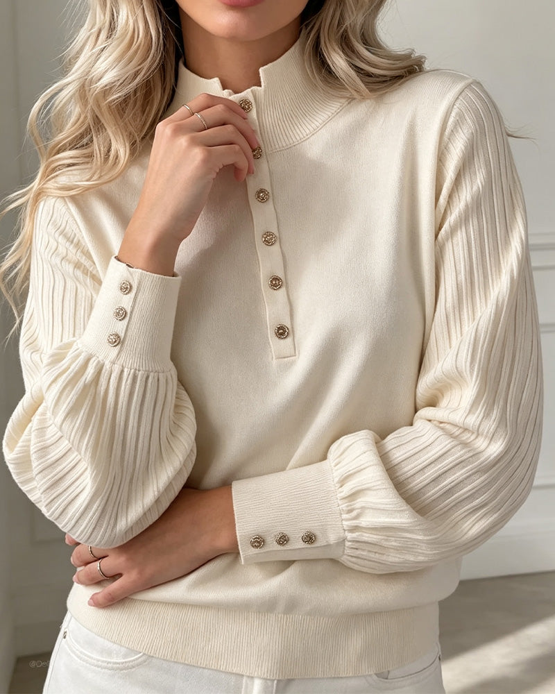 Pullover Col Roulé Bouton Côtelé Manches Bouffantes Pull