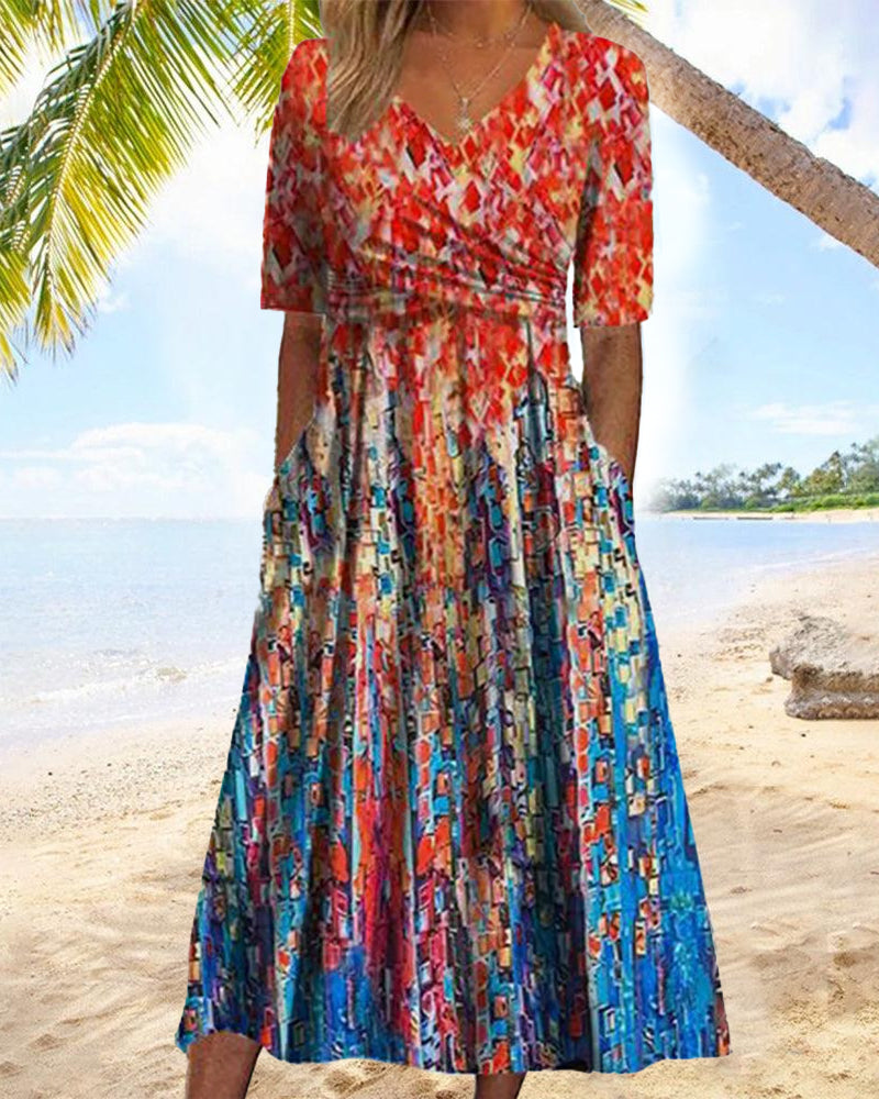 Robe de villégiature imprimée avec poches et col en V