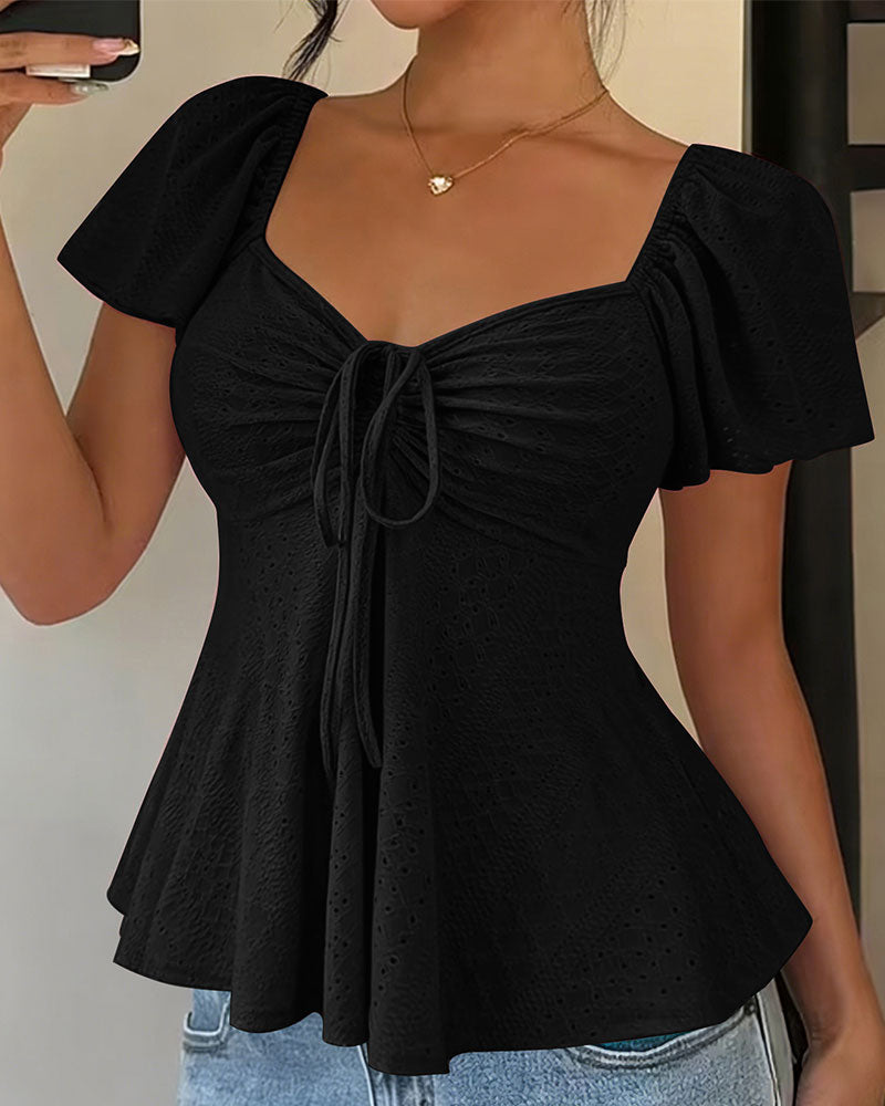 Blouse Ajourée Cordon Manches Courtes Unie