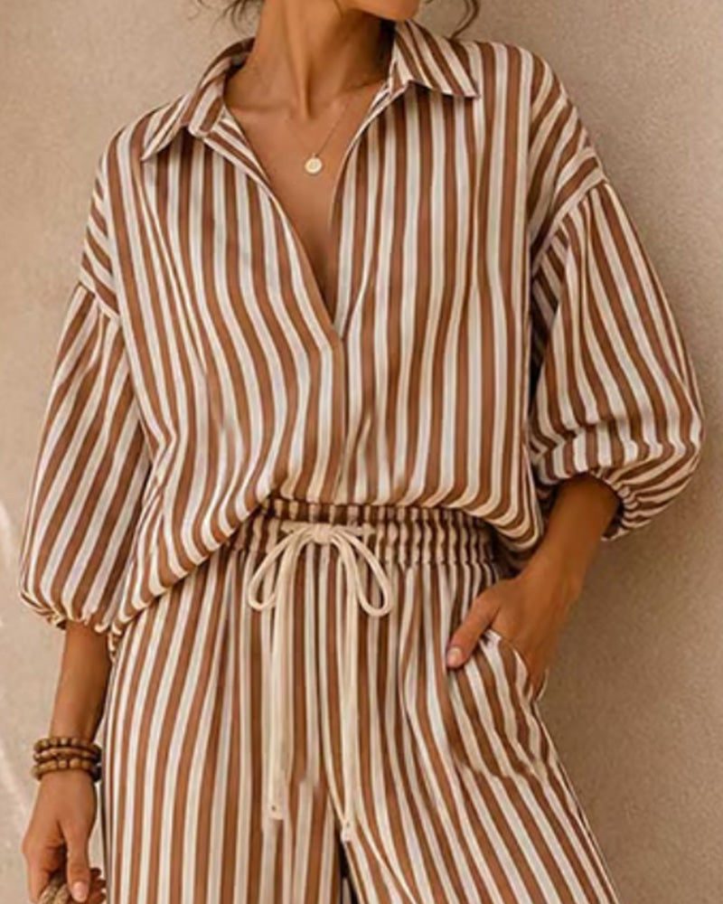 Set Col Chemise Rayure Jambe Large Manche Lanterne