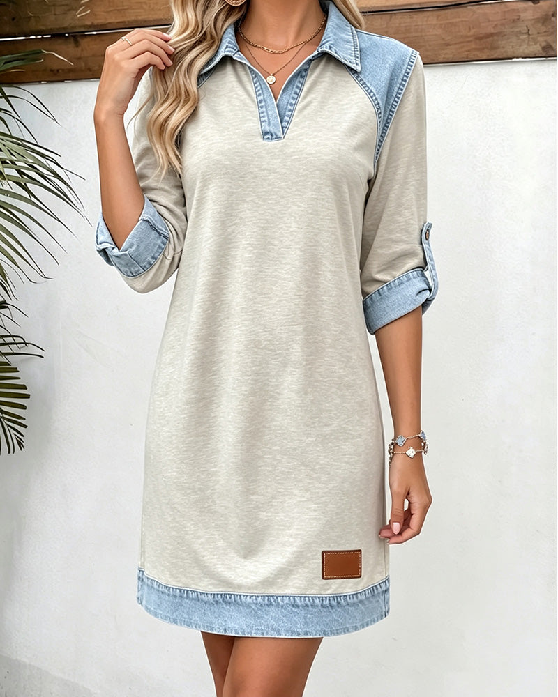 Robe Denim Patchwork Col Polo Manche Longue