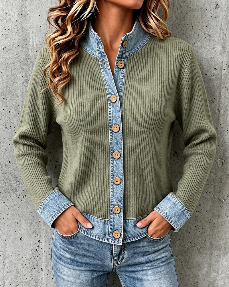 Manteau Décontracté Denim Panneau Tricoté