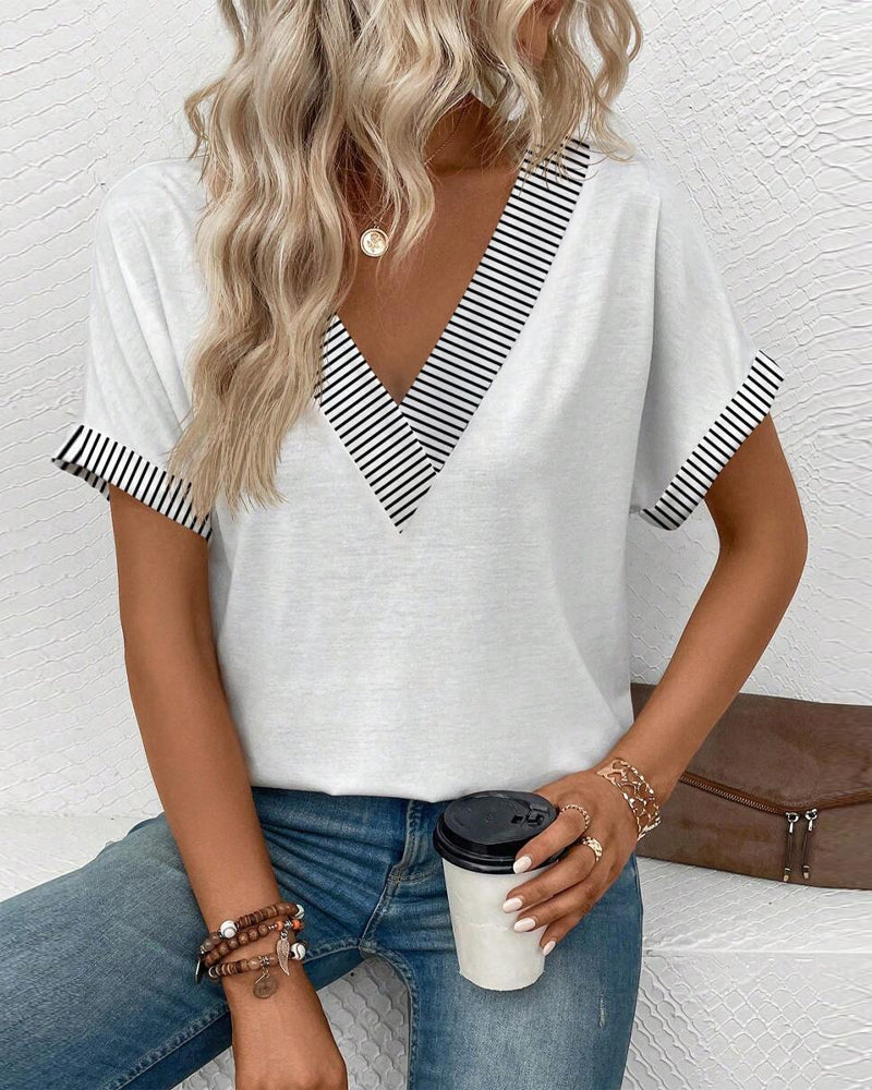 Blouse Col En V Rayée Contraste Décontractée