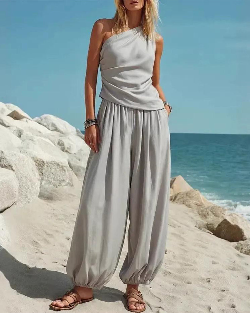 Set Haut Tank Top Une Épaule Taille Haute Pantalon