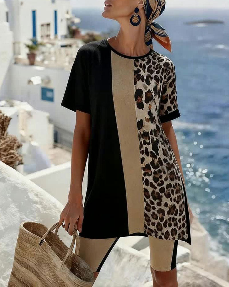 Ensemble Léopard Bloc De Couleur Irrégulier Quarter Pantalon