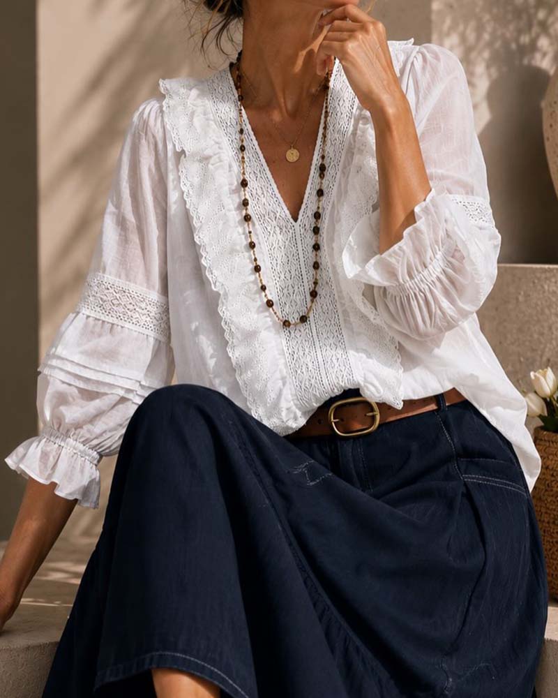 Blouse Col-V Uni En Dentelle
