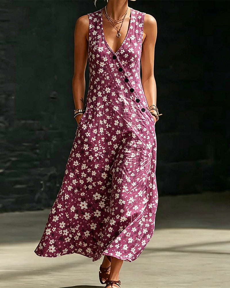 Robe Petits Fleurs Asymétrique Bouton Sans Manches