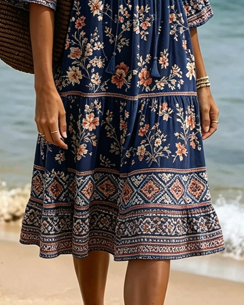 Robe Col V Ethnique Floral Patchwork