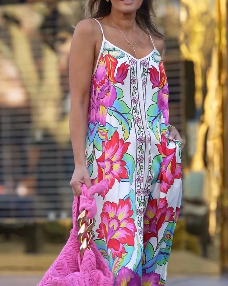 Robe Colorée Imprimé Floral Bretelles Longue